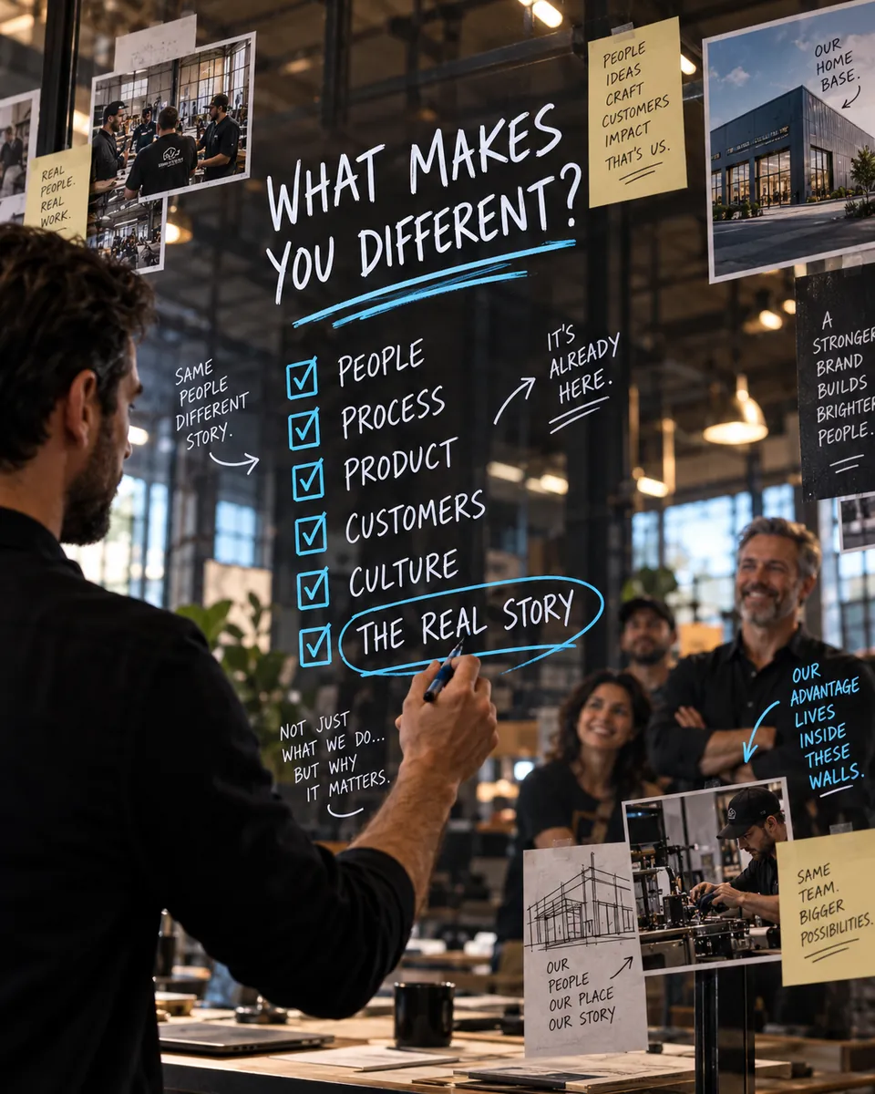 A Creative Noble director maps out what makes a client different on a glass board: people, process, product, customers, culture — and the real story circled